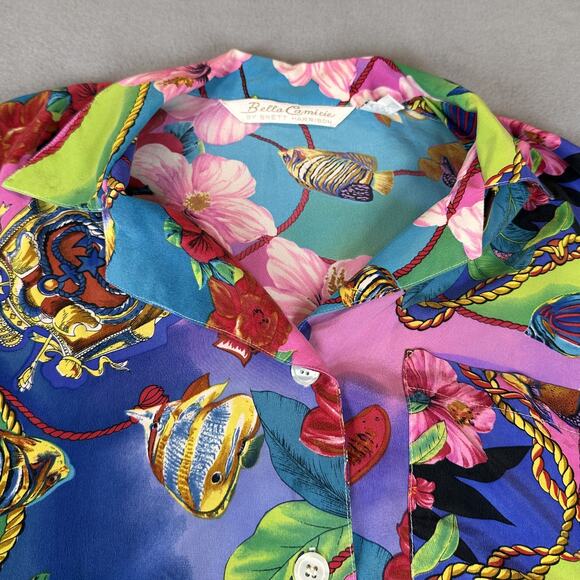 Vintage Bella Camicie Shirt Womens Small Silk Hawaiian Floral Fish Print 90s - Picture 9 of 13